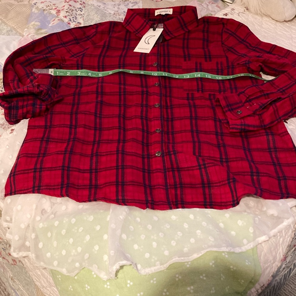 Red plaid button front top with sleeves Swiss dot bustle back